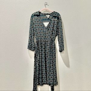Talbots Brown Teal Chain Print Faux Wrap Dress Sash Fit and Flare Midi Size 14